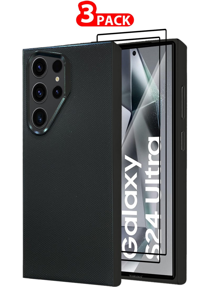 MARGOUN Samsung Galaxy S24 Ultra Vegan Leather Case, 1 Cover with 2 Screen Protectors, Slim Fit, Raised Edges for Camera and Screen Protection - Pack of 3 - Black-3 - Image 1