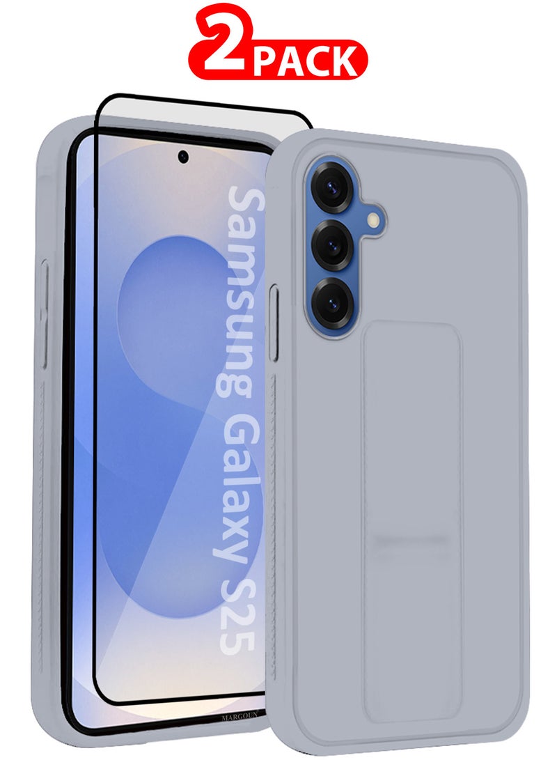 MARGOUN Galaxy S25 Case Premium PU Leather with Stand Function Shockproof and Anti Scratch Finger Grip Case Cover with 1 Privacy Screen Protector - Pack of 2 - Light Grey-2p  - Image 1