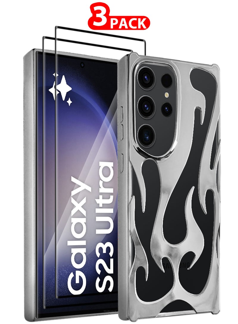 MARGOUN Galaxy S24 Ultra Case Cover Soft TPU and Glossy Flame Design With Two 3D Shockproof Screen Protector - Pack of 3 - Silver-3ss - Image 1