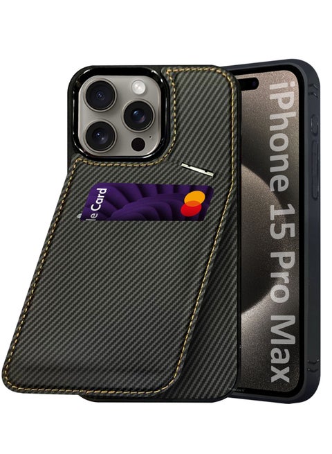 iPhone 15 Pro Max Case Cover Leather with Card Holder and Kickstand for Men Women Phone Case with Carbon Fiber Pattern Black-1