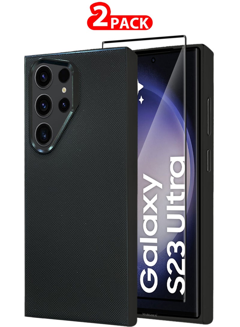 MARGOUN Samsung Galaxy S23 Ultra 2 Pack Vegan Leather Case, 1 Cover with 1 Screen Protector, Slim Fit, Raised Edges for Camera and Screen Protection Black-2 - Image 1