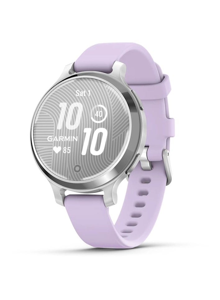 GARMIN Lily 2 Active - 38MM - Silver with Purple Jasmine Silicone Band Silver with Purple Jasmine Silicone Band - Up to 9 Days of  Battery life  - 0.84" LCD display, Corning Gorilla Glass 3, Heart Rate Monitor, Women Health Tracking, Smart notification, Tap to Pay, iOS and Android compatible Silver with Purple Jasmine Silicone Band  - Image 1