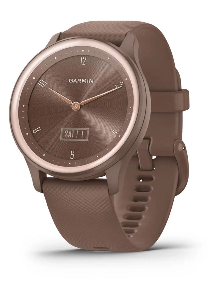 GARMIN Vívomove Sport - 40MM - Cocoa Case and Silicone Band with Peach Gold Accents Cocoa - Up to 5 Days of  Battery life - Oled Display, Chemically-strengthened glass, Heart Rate Monitor, All day stress monitor, Gps tracking, Smart notification, iOS and Android compatible Cocoa - Image 1