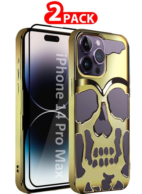 iPhone 14 Pro Max Skull Case Cover Soft TPU and Glossy with 3D Shockproof Screen Protector - Pack of 2 - Gold-2s