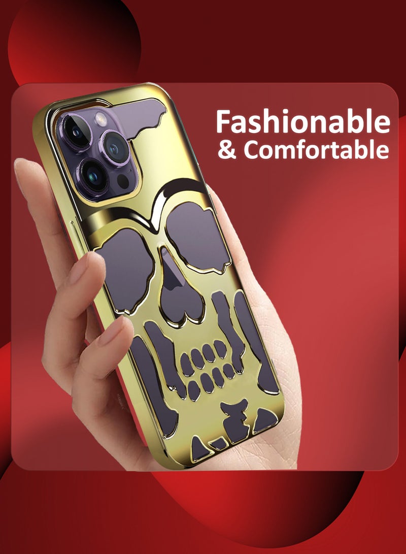 iPhone 14 Pro Max Skull Case Cover Soft TPU and Glossy with 3D Shockproof Screen Protector - Pack of 2 - Gold-2s