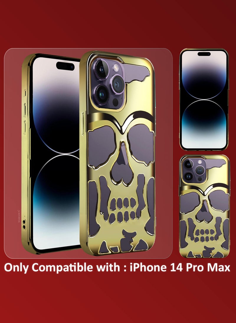 iPhone 14 Pro Max Skull Case Cover Soft TPU and Glossy with 3D Shockproof Screen Protector - Pack of 2 - Gold-2s