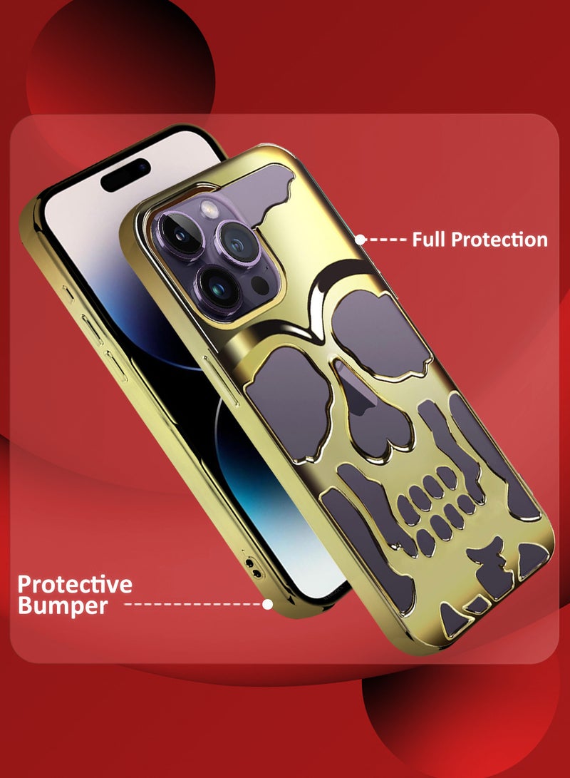 iPhone 14 Pro Max Skull Case Cover Soft TPU and Glossy with 3D Shockproof Screen Protector - Pack of 2 - Gold-2s
