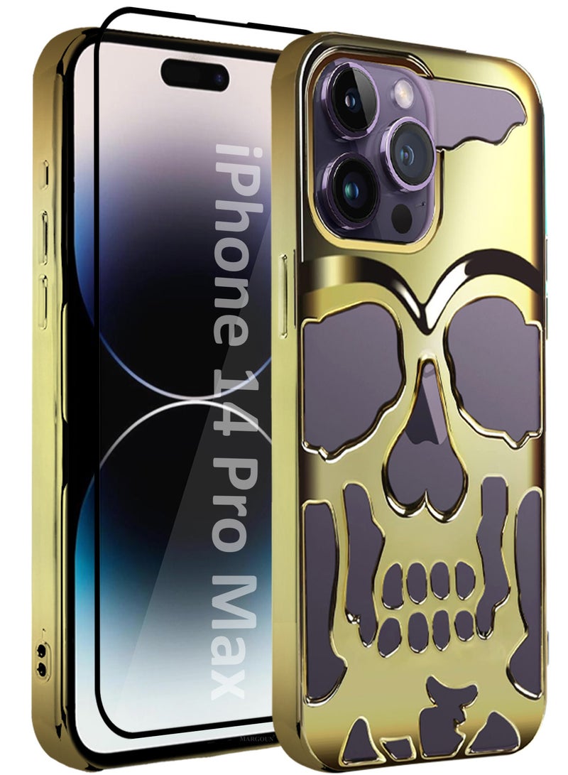 iPhone 14 Pro Max Skull Case Cover Soft TPU and Glossy with 3D Shockproof Screen Protector - Pack of 2 - Gold-2s
