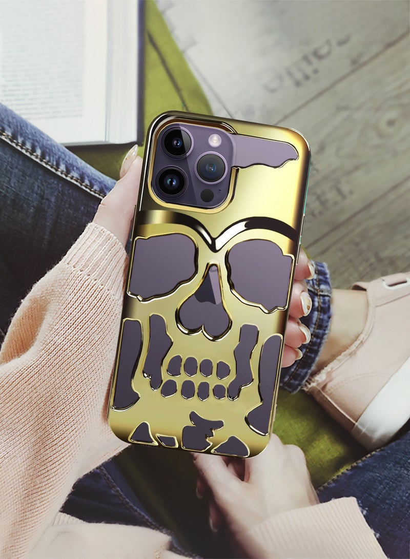iPhone 14 Pro Max Skull Case Cover Soft TPU and Glossy with 3D Shockproof Screen Protector - Pack of 2 - Gold-2s