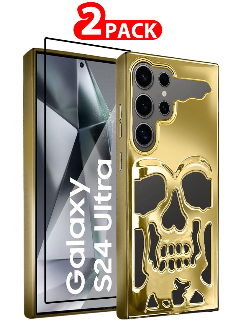 مارجون Galaxy S24 Ultra Case Cover Soft TPU and Glossy Skull Design with 3D Shockproof Screen Protector - Pack of 2 - Gold-2ss - Image 1