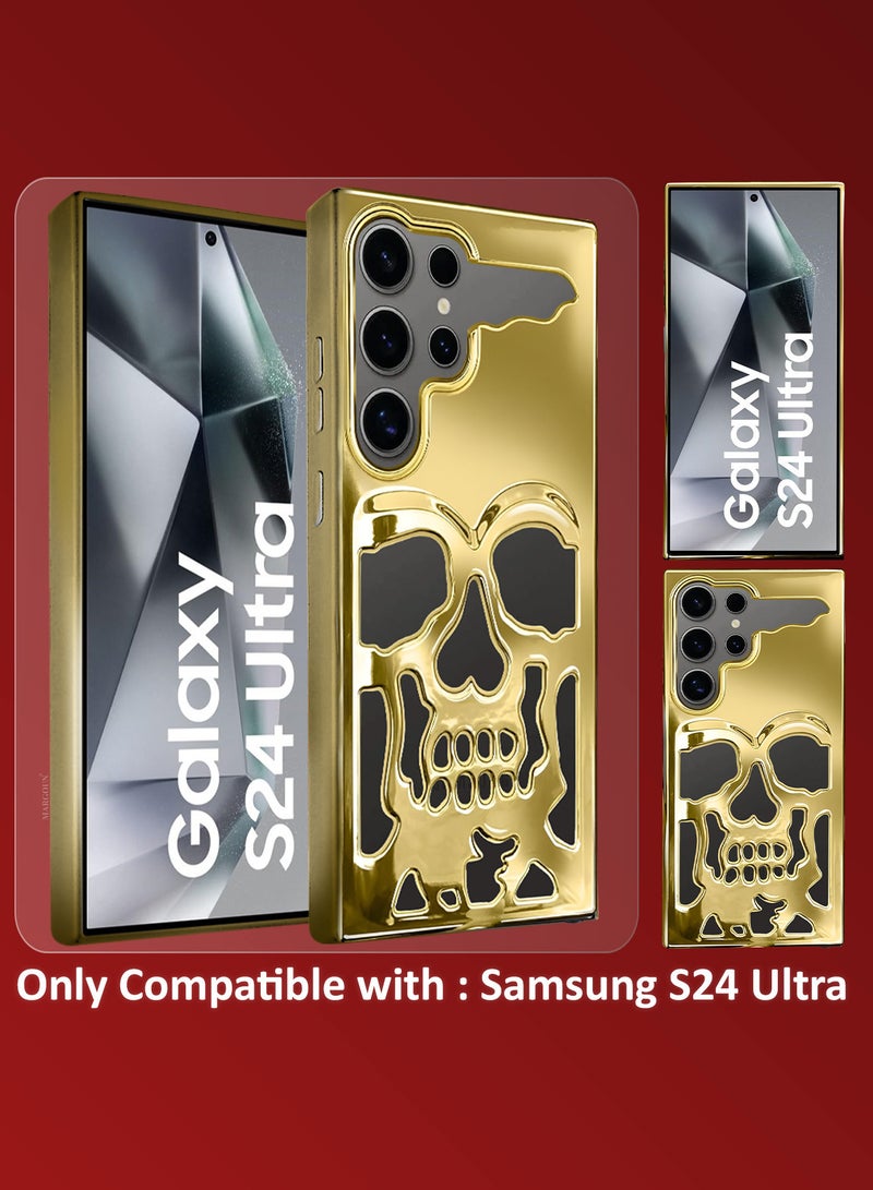 مارجون Galaxy S24 Ultra Case Cover Soft TPU and Glossy Skull Design with 3D Shockproof Screen Protector - Pack of 2 - Gold-2ss - Image 2