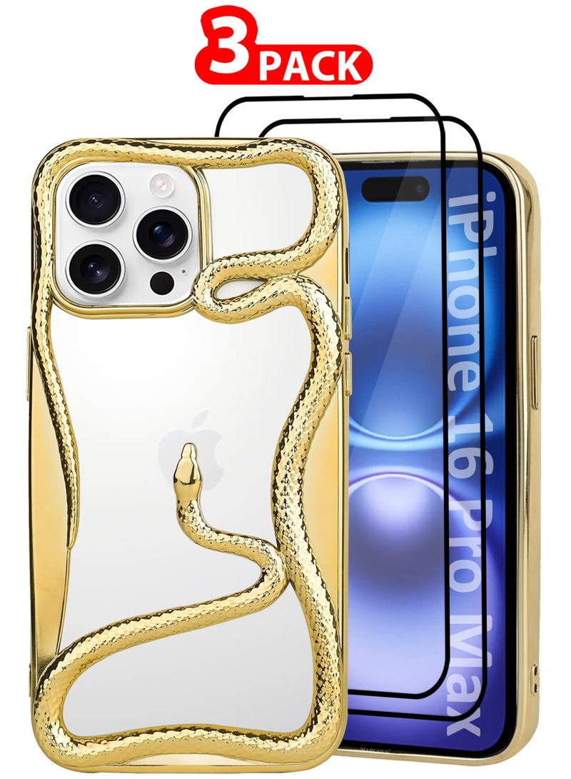 MARGOUN iPhone 16 Pro Max Snake Case Cover Soft TPU and Glossy with Two 3D Shockproof Screen Protector - Pack of 3 - Gold-3s - Image 1