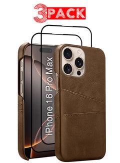 MARGOUN iPhone 16 Pro Max Case Cover Leather with Card Holder for Men Women Phone Case with 3D Screen Protector - Pack of 3 - Brown-3  - Image 1