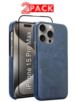MARGOUN iPhone 15 Pro Max 2Packs Case Cover Leather with Card Holder for Men Women Phone Case with 3D Screen Protector - Blue-2  - Image 1