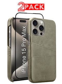 MARGOUN iPhone 15 Pro Max Case Cover Leather with Card Holder for Men Women Phone Case with 3D Screen Protector - Pack of 2 - Grey-2  - Image 1