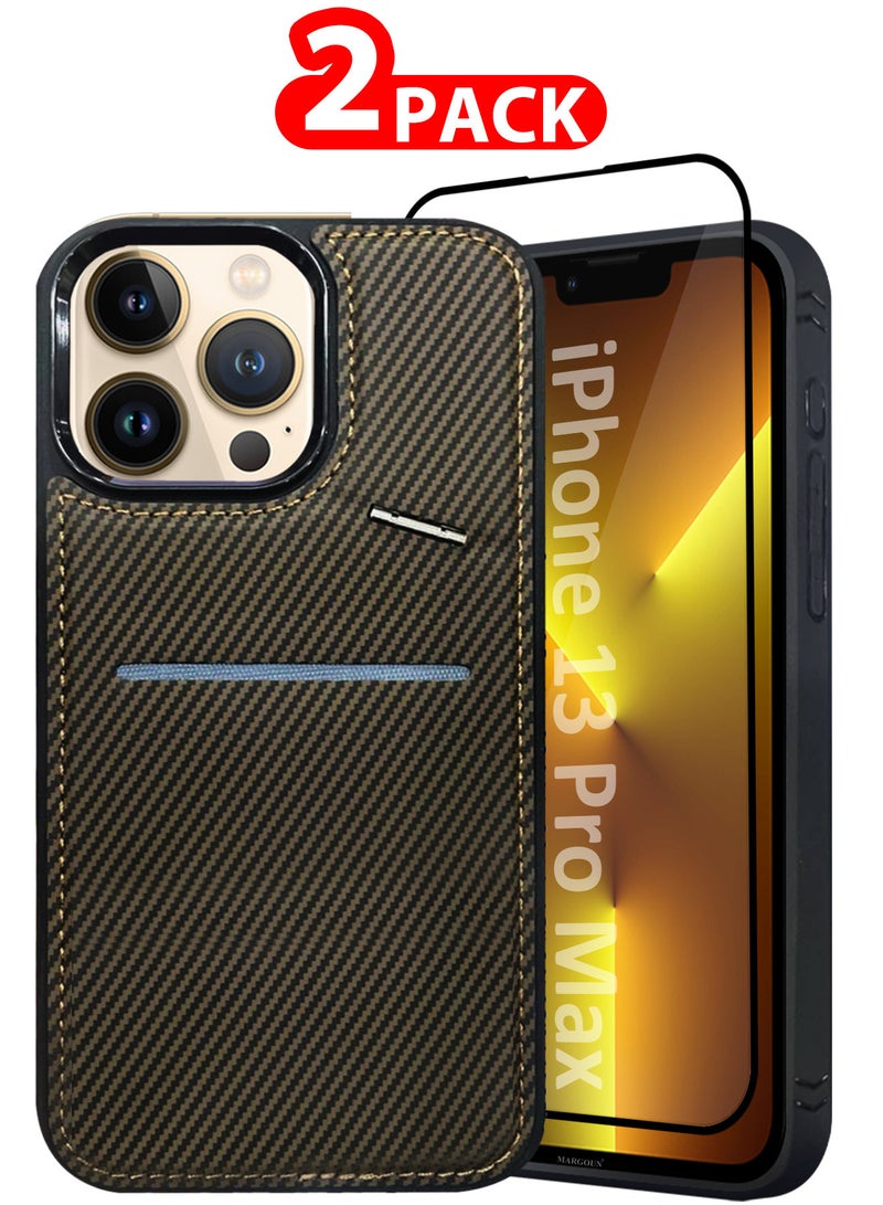 MARGOUN iPhone 13 Pro Max 2Pack Case Leather Cover Card Holder and Kickstand with 1 Screen Protector Tempered Glass for Men Women Phone Case with Carbon Fiber Pattern Brown-2  - Image 1