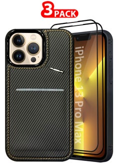 MARGOUN iPhone 13 Pro Max 3Pack Case Leather Cover Card Holder and Kickstand with 2 Screen Protector Tempered Glassfor Men Women Phone Case with Carbon Fiber Pattern Black-3  - Image 1