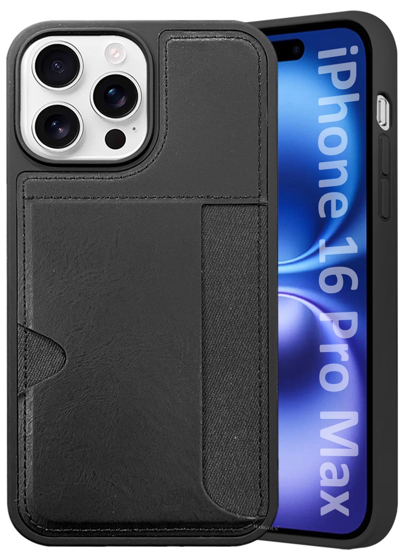 MARGOUN iPhone 16 Pro Max Case Leather Antifingerprint Cover with Wallet Card Slot Shell, Side Insert Card Holder, Anti Fall Protection - Black-1  - Image 1