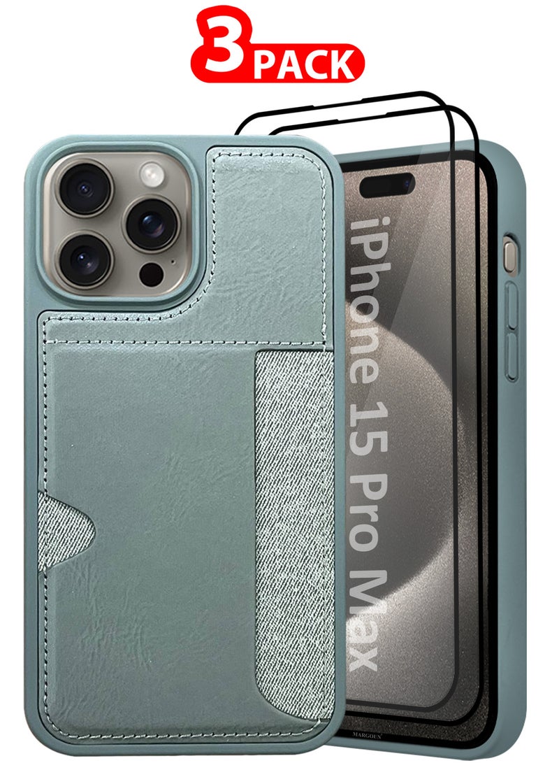 MARGOUN iPhone 15 Pro Max 3Packs Case Leather Anti Fingerprint Cover with Wallet Card Slot Shell, Side Insert Card Holder, Anti Fall Protection - Grey-3  - Image 1