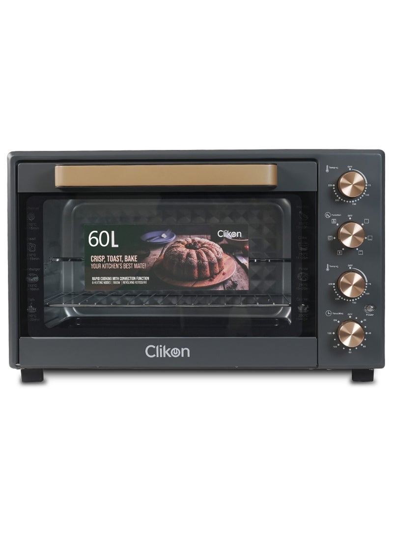 كليكون Dual Chef Grill & Bake 60L Electric Convection Oven with Rotisserie – Multi-Function, Stainless Steel, Adjustable Temperature, Accessories Included 1900 W 60 L 1900 W CK4362 Black and Gold  - Image 1