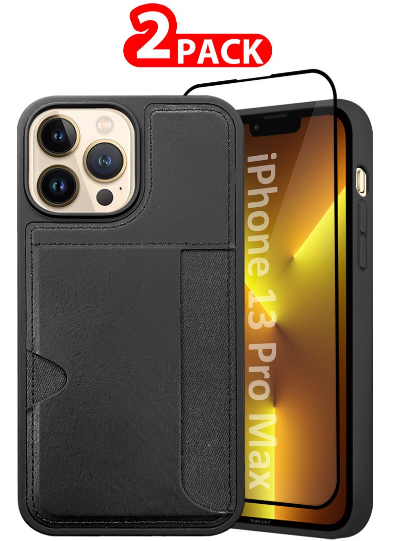 MARGOUN iPhone 13 Pro Max 2Packs Case Leather Anti Fingerprint Cover with Wallet Card Slot Shell, Side Insert Card Holder, Anti Fall Protection - Black-2  - Image 1