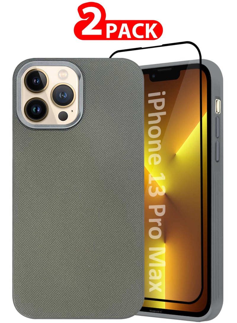 MARGOUN iPhone 13 Pro Max 2 Pack Vegan Leather Case, 1 Cover with 1 Screen Protector, Slim Fit, Raised Edges for Camera and Screen Protection Grey-2 - Image 1