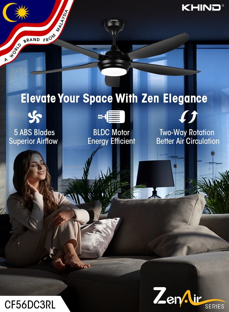 Zen Air Ceiling Fan 56 Inch Ceiling Fan with Remote Control, Quiet BLDC Motor, Modern 5 ABS Blades, 6 Forward & Reverse Speed Settings, High Airflow, 38W Power 18 W CF56DC3RL Matt Black - pnsku/N70154547V/45/_/1739970146/6030ed5a-8fbb-4367-8f6d-4b6b2f162326