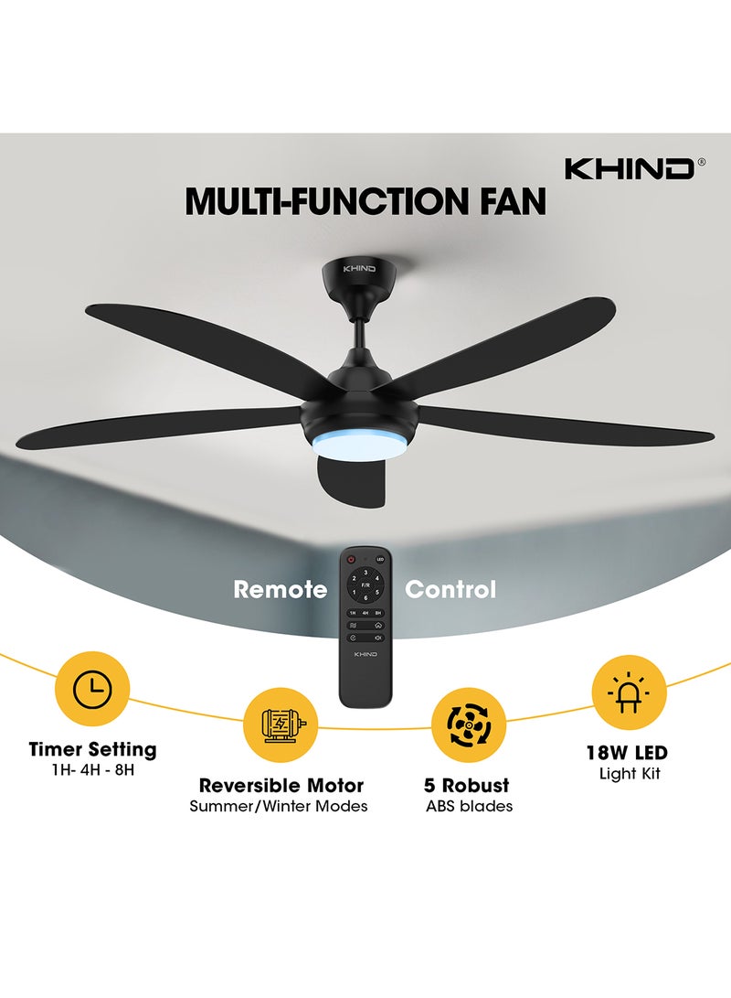 KHIND - Zen Air Ceiling Fan 56 Inch Ceiling Fan with Remote Control, Quiet BLDC Motor, Modern 5 ABS Blades, 6 Forward & Reverse Speed Settings, High Airflow, 38W Power 18 W CF56DC3RL Matt Black - Image 1