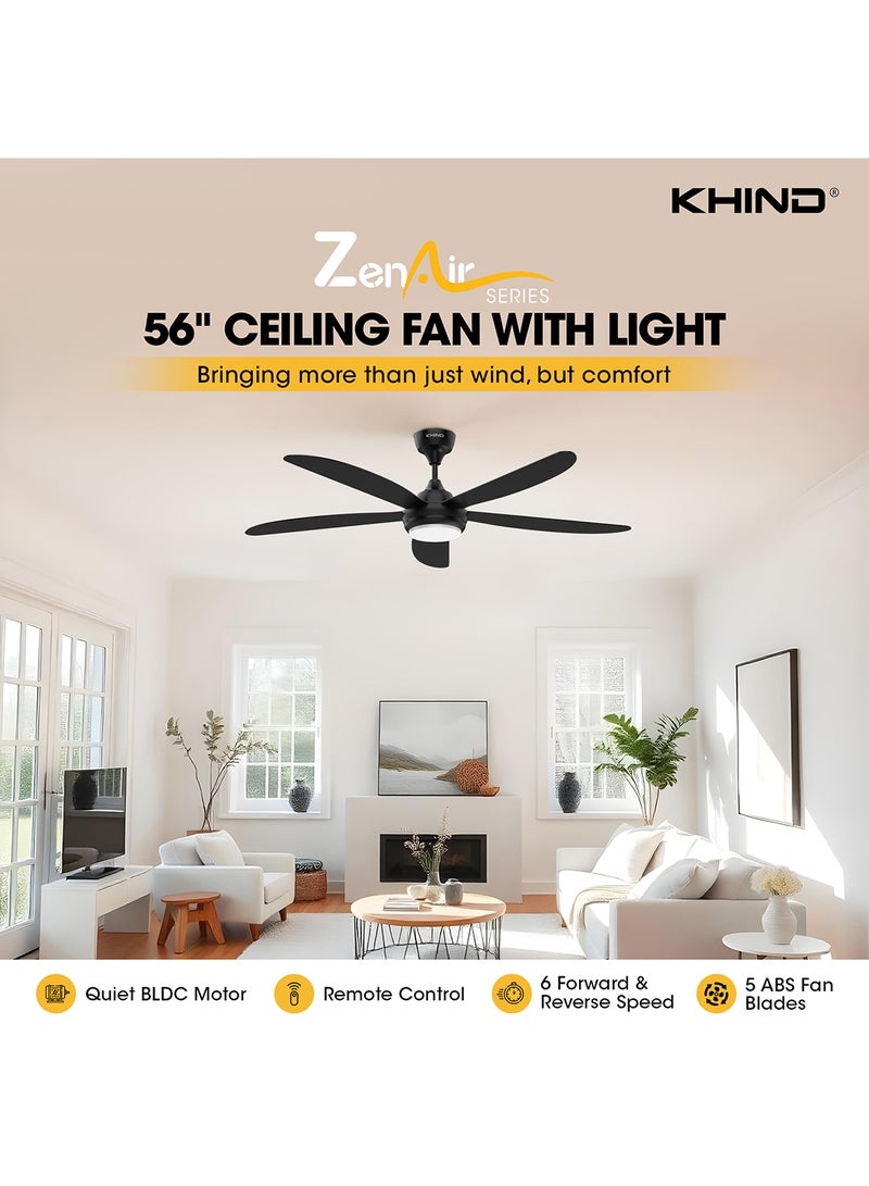 KHIND Zen Air Ceiling Fan 56 Inch Ceiling Fan with Remote Control, Quiet BLDC Motor, Modern 5 ABS Blades, 6 Forward & Reverse Speed Settings, High Airflow, 38W Power 18 W CF56DC3RL Matt Black  - Image 2