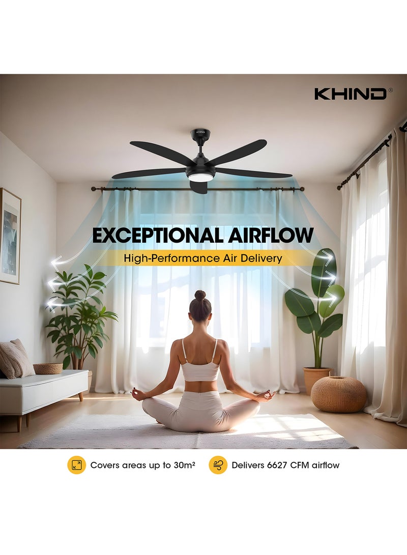 KHIND Zen Air Ceiling Fan 56 Inch Ceiling Fan with Remote Control, Quiet BLDC Motor, Modern 5 ABS Blades, 6 Forward & Reverse Speed Settings, High Airflow, 38W Power 18 W CF56DC3RL Matt Black  - Image 3