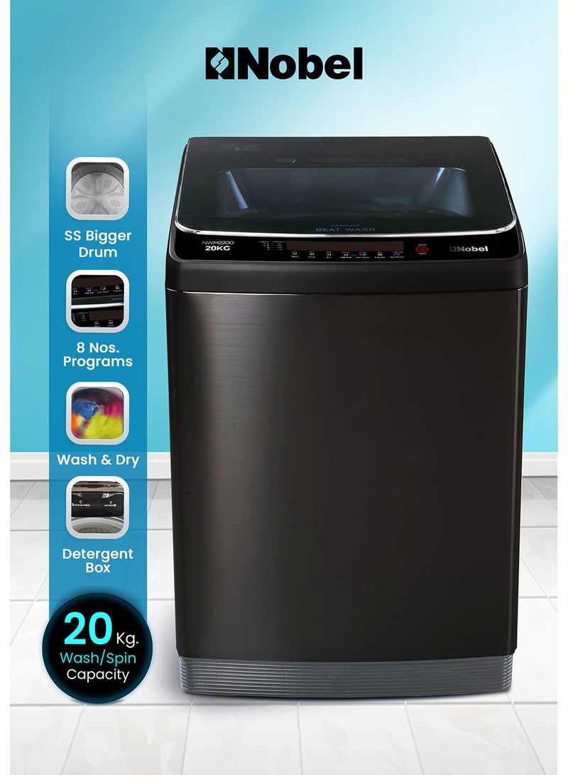 نوبل 20 KG Automatic Top Load Washer - Fully Automatic, Copper Motor, 8 Programs, Stainless Steel Tub, Digital Display, and More for Superior Cleaning Performance - NWM2200 Black  - Image 1