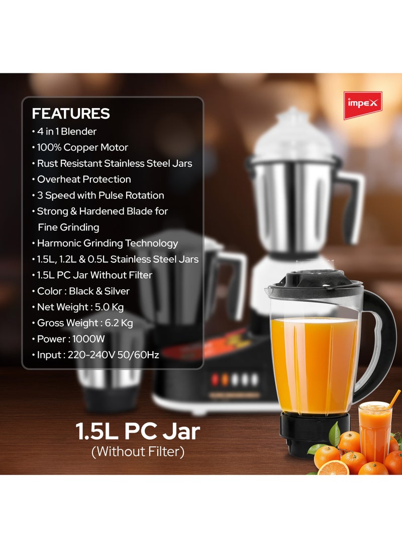 4-in-1 Mixer Grinder 1000W, BL 1004 – Heavy Duty Blender with Stainless Steel Jars & Hardened Blades, 100% Copper Motor Overheat Protection, 3-Speed Control – 1200 W BL 1004 Black/Silver