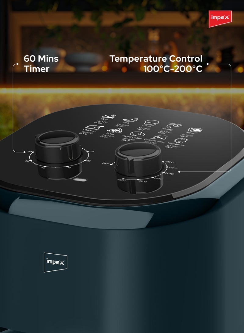 Impex - 4.5L Mechanical Air Fryer AF 4305A, 1200W Oil-Free Hot Air Fryer, Adjustable Temperature & 60-Min Timer, Non-Stick Large Capacity Basket, Overheat Protection, Cyclonic Airflow Cool-Touch Handle 4.5 L 1200 W AF 4305A Dark Green - Image 1