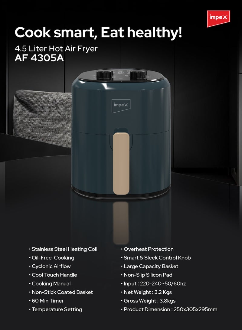 Impex - 4.5L Mechanical Air Fryer AF 4305A, 1200W Oil-Free Hot Air Fryer, Adjustable Temperature & 60-Min Timer, Non-Stick Large Capacity Basket, Overheat Protection, Cyclonic Airflow Cool-Touch Handle 4.5 L 1200 W AF 4305A Dark Green - Image 1