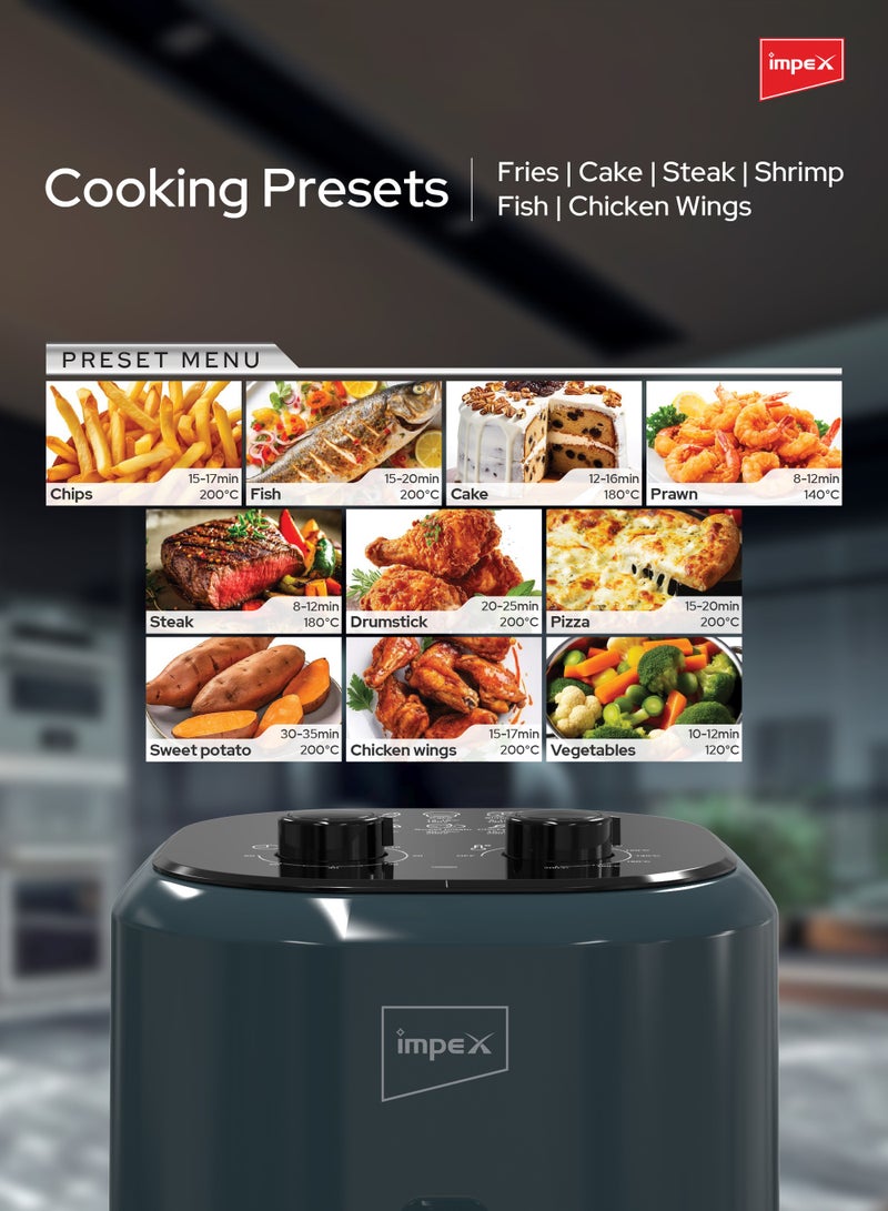 Impex - 4.5L Mechanical Air Fryer AF 4305A, 1200W Oil-Free Hot Air Fryer, Adjustable Temperature & 60-Min Timer, Non-Stick Large Capacity Basket, Overheat Protection, Cyclonic Airflow Cool-Touch Handle 4.5 L 1200 W AF 4305A Dark Green - Image 1