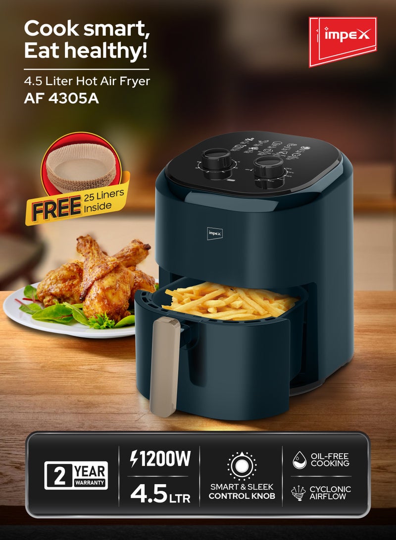 Impex - 4.5L Mechanical Air Fryer AF 4305A, 1200W Oil-Free Hot Air Fryer, Adjustable Temperature & 60-Min Timer, Non-Stick Large Capacity Basket, Overheat Protection, Cyclonic Airflow Cool-Touch Handle 4.5 L 1200 W AF 4305A Dark Green - Image 1
