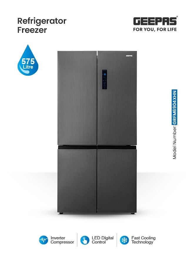 GEEPAS 575L Multi-Door No-Frost Refrigerator with Inverter Compressor: 154L Freezer & 421L Refrigerator, Multi-Airflow Cooling, Smart Functions (Holiday Mode, Kids Lock), Interior Light, and Unbreakable Glass Shelves GRFM6904XHN Black 