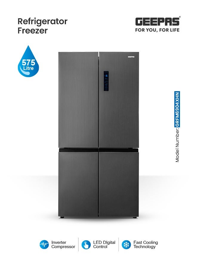 جيباس 575L Multi-Door No-Frost Refrigerator with Inverter Compressor: 154L Freezer & 421L Refrigerator, Multi-Airflow Cooling, Smart Functions (Holiday Mode, Kids Lock), Interior Light, and Unbreakable Glass Shelves GRFM6904XHN Black  - Image 1