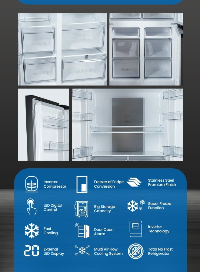 جيباس 575L Multi-Door No-Frost Refrigerator with Inverter Compressor: 154L Freezer & 421L Refrigerator, Multi-Airflow Cooling, Smart Functions (Holiday Mode, Kids Lock), Interior Light, and Unbreakable Glass Shelves GRFM6904XHN Black  - Image 5