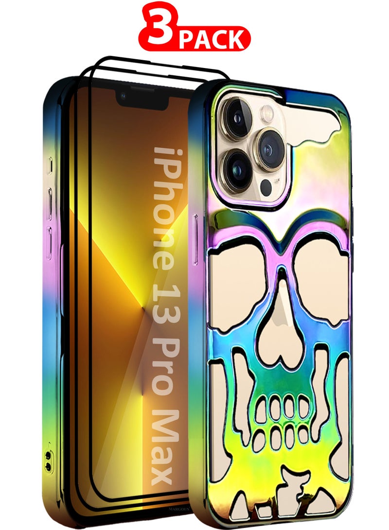 MARGOUN iPhone 13 Pro Max 3Packs Skull Case Cover Soft TPU and Glossy with Two 3D Shockproof Screen Protector - Rainbow-3s - Image 1