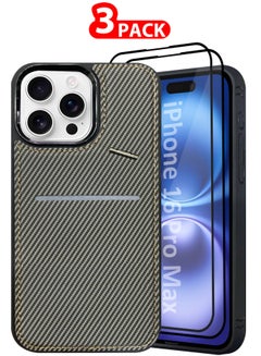 MARGOUN iPhone 16 Pro Max 3Pack Case Leather Cover Card Holder and Kickstand with 2 Screen Protector Tempered Glassfor Men Women Phone Case with Carbon Fiber Pattern Grey-3  - Image 1