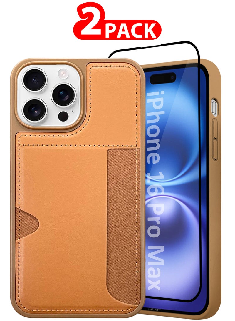 MARGOUN iPhone 16 Pro Max 2Packs Case Leather Anti Fingerprint Cover with Wallet Card Slot Shell, Side Insert Card Holder, Anti Fall Protection - Brown-2  - Image 1