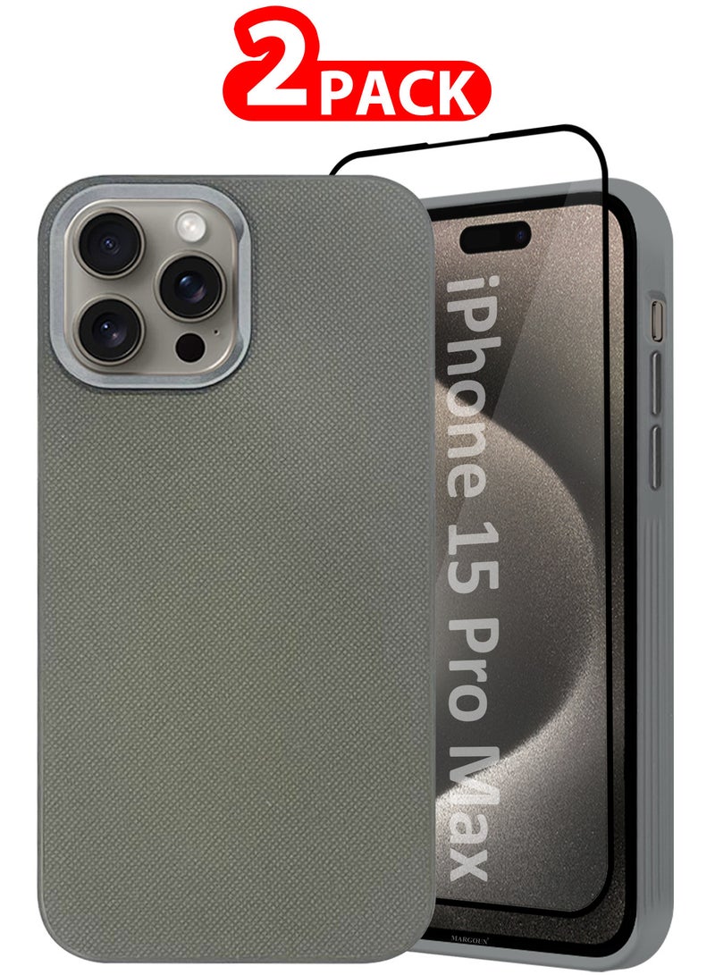 MARGOUN iPhone 15 Pro Max 2 Pack Vegan Leather Case, 1 Cover with 1 Screen Protector, Slim Fit, Raised Edges for Camera and Screen Protection Grey-2 - Image 1