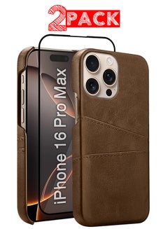 MARGOUN iPhone 16 Pro Max 2Packs Case Cover Leather with Card Holder for Men Women Phone Case with 3D Screen Protector - Brown-2  - Image 1