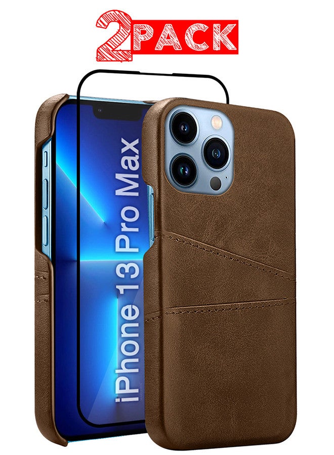 مارجون iPhone 13 Pro Max 2Packs Case Cover Leather with Card Holder for Men Women Phone Case with 3D Screen Protector - Brown-2 - Image 1