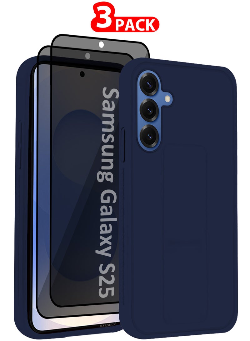 MARGOUN Galaxy S25 Case Silicone with Stand Function Shockproof and Anti Scratch Finger Grip Case Cover with 2 Shock Proof Screen Protectors - Pack of 3 - Dark Blue-3  - Image 1