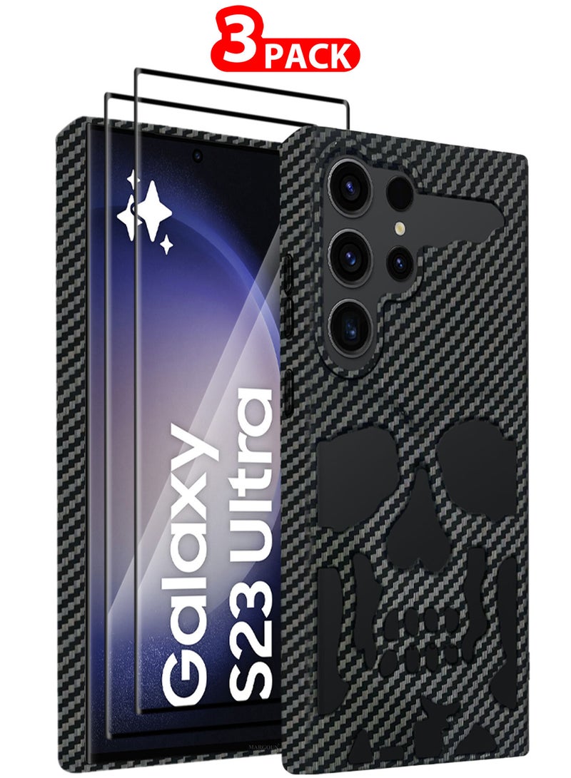 MARGOUN Galaxy S23 Ultra Case Cover Soft TPU and Glossy Skull Design with Two 3D Shockproof Screen Protector - Carbon Fiber - Pack of 3 - Carbon Fiber-3ss - Image 1