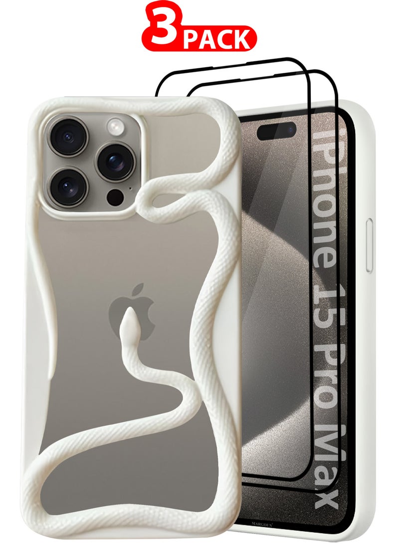 MARGOUN iPhone 15 Pro Max Snake Case Cover Soft TPU and Glossy with Two 3D Shockproof Screen Protector - Pack of 2 - White-3s - Image 1