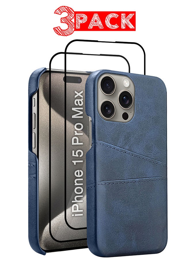 MARGOUN iPhone 15 Pro Max Case Cover Leather with Card Holder for Men Women Phone Case with 3D Screen Protector - Pack of 3 - Blue-3  - Image 1
