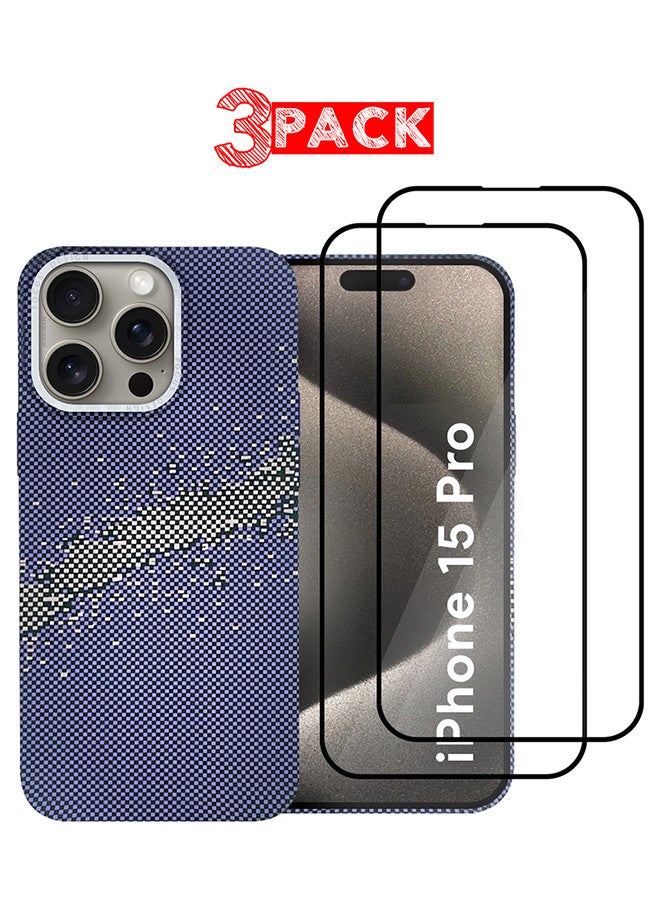MARGOUN iPhone 15 Pro MagEZ Case Cover Fusion Weaving Pattern Kevlar Fiber Bulletproof Vest Cover Protective Ultra Slim Magnetic, Screen and Camera Guard - Pack of 3 - Milky Way Blue-3k - Image 1